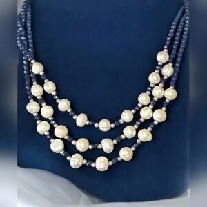 Vintage Teng Yue Signed Pearl & Black Bead Necklace